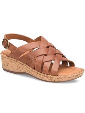 Born Laila Brown Leather Cork Wedge Sandals Womens 7. Woven Slingback Comfort